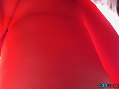 Throat-watering view up red mini costume