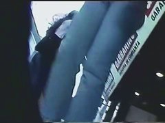 Upskirt view of teen 18+ pussy in short jean skirt