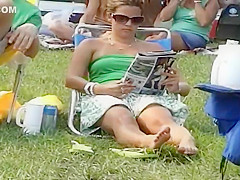 Upskirt view on the park grass