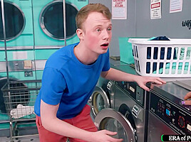 Young guy is sucked and fucks busty milfs in a laundry room