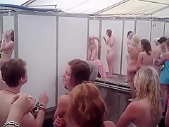 large group girls showering