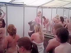 large group girls showering